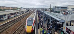 Passengers boarding a train.