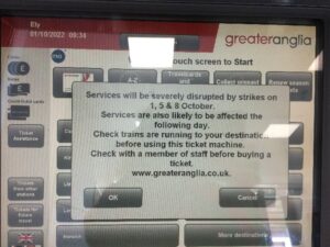 ticket machine screen with strike warning